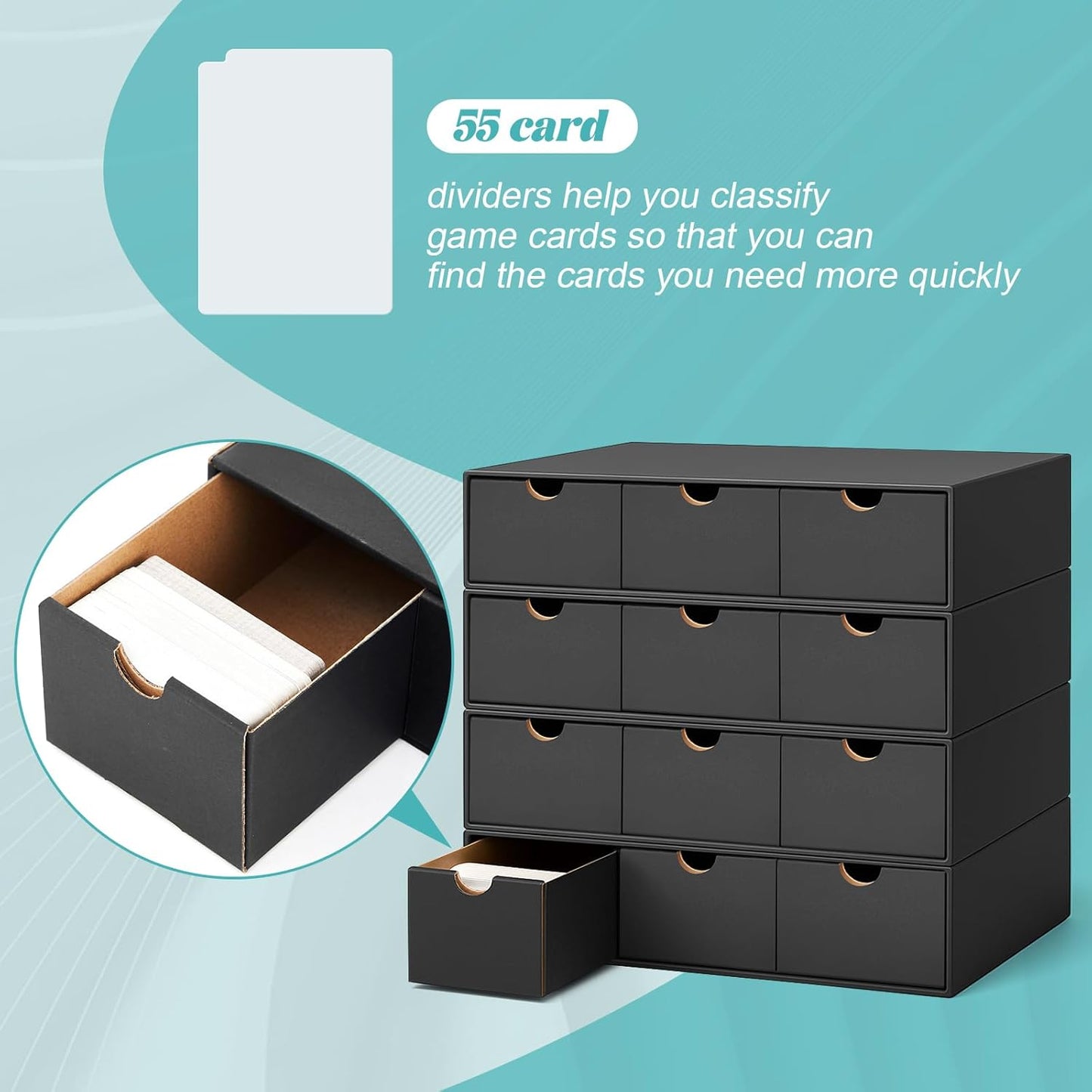 Cholemy Trading Card Storage Box 15000+ with 70 Cardboard Storage Divider, Label Sticker for Collection Compatible with TCG, Sport Cards(4 Row, 3 in A Row,Black)