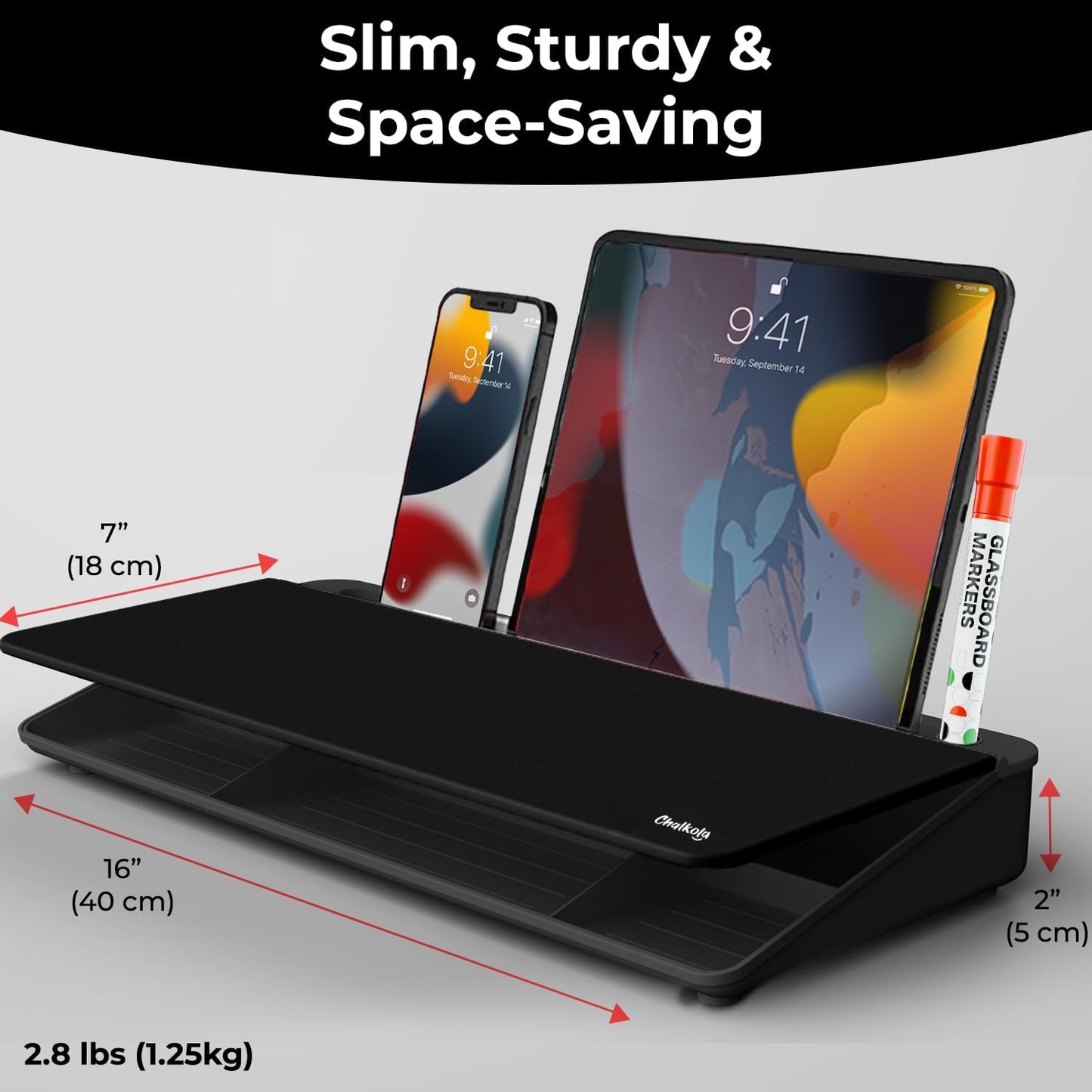 Chalkola Black Glass Desktop Whiteboard with Storage - Dry Erase Board, Work Desk Organizers, Computer Keyboard Stand, Home Office Desk Accessories, Workspace Desktop Buddy + 3 Markers