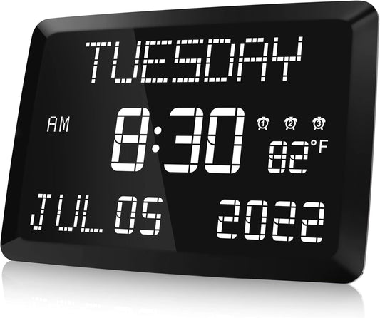 Raynic Digital Clock, 11.5" Large Display Calendar Clock with Day and Date, Indoor Temperature, Adjustable Brightness, Snooze,12/24H, DST for Home, Office, Elderly