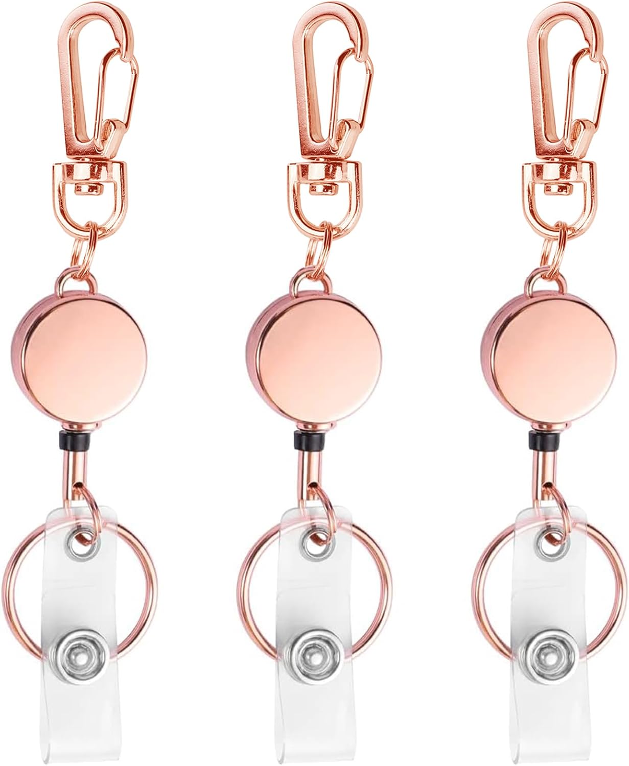 bolimoss 3 Pack Retractable Badge Reel Metal ID Badge Holder with Belt Clip Key Ring for Name Card Keychain for Nurse,Volunteer,Teacher,Student (Rose Gold)