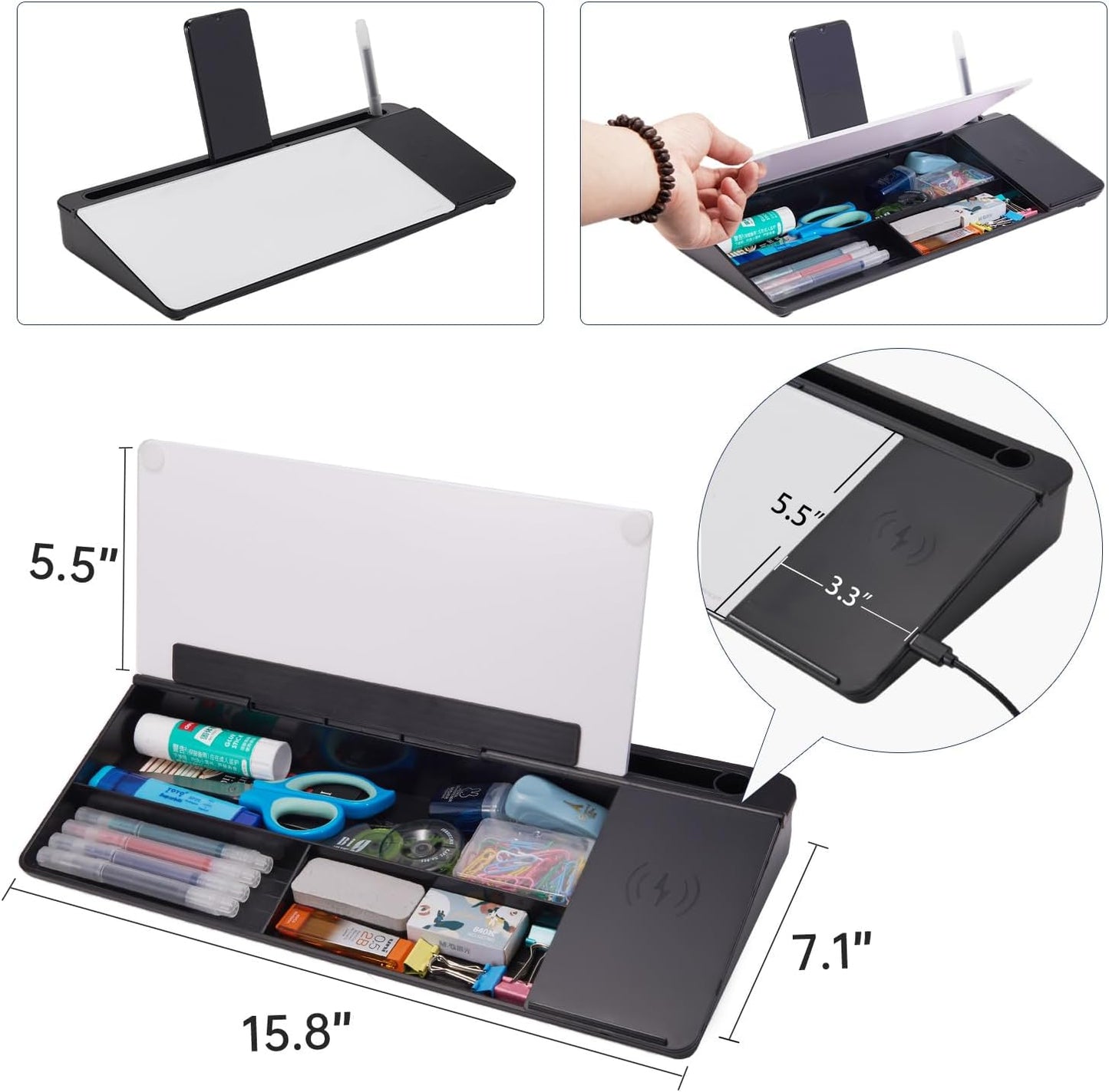 Small Glass Desktop Whiteboard Dry-Erase-Board - Computer Keyboard Stand with Wireless Charger White Board Surface Pad with Drawer, Desk Organizers with Accessories for Office, Home, School Supplies