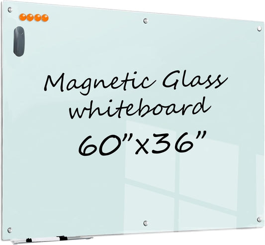 Magnetic Glass Whiteboard - 60"x36" Dry Erase White Board Frameless Glass Boards with Super Strong Magnets, Wall Mounted for Office, School and Home