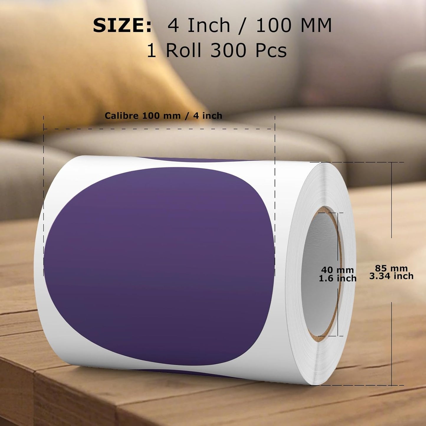 300 PCS Round Stickers 4 Inch Purple Vinyl Circle Floor Dots Sticker Removable Self-Adhesive Colored Large Label Roll for Marking Inventory Organizing Classroom Line Up Spots