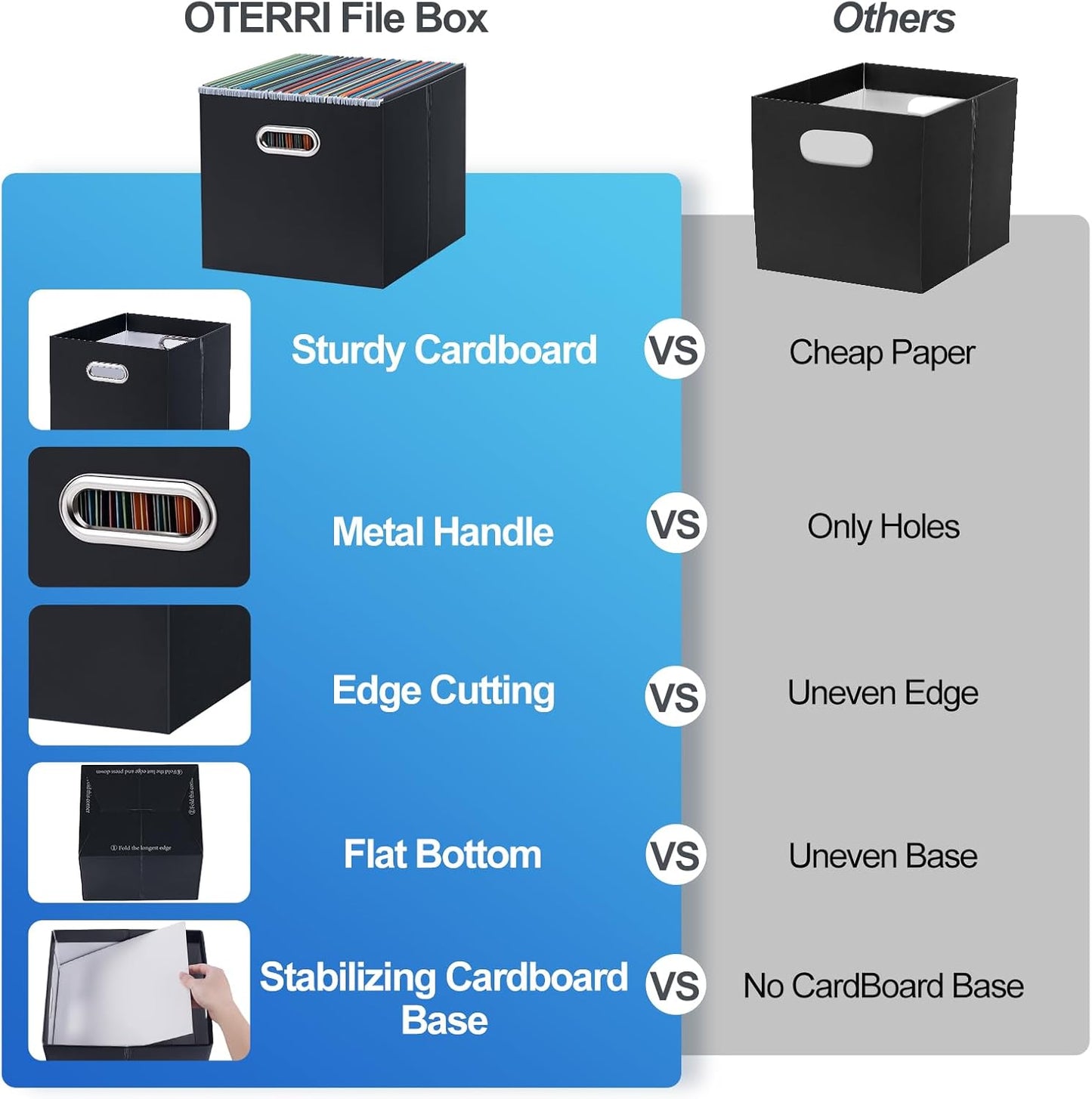 Oterri File Organizer, 1 Pack Large Storage Box, Cardboard File Folder Organizer, Collapsible File Box for Hanging File Folders Letter Size, Portable Filing Organizer with Handle (Black)