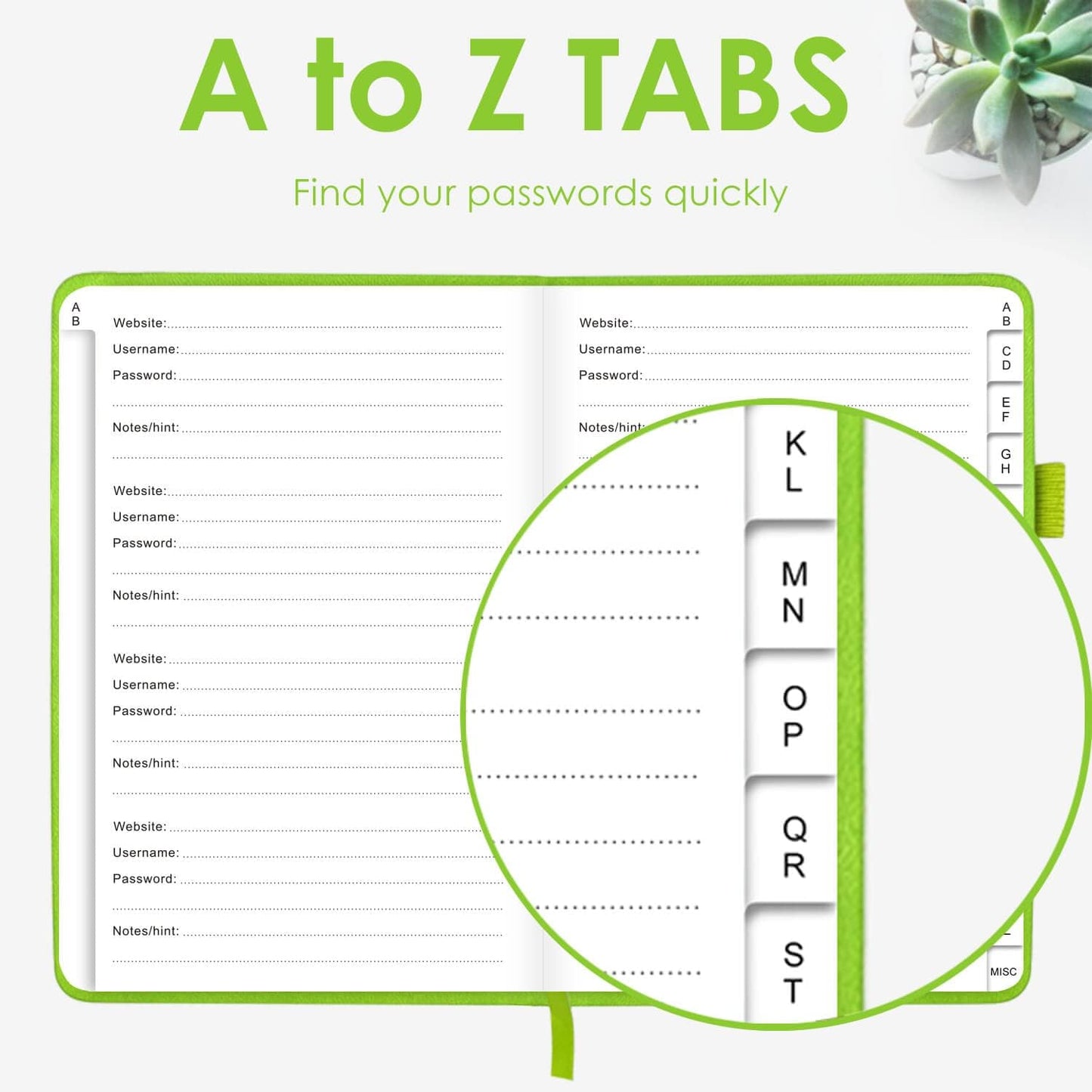 Elegant Password Book with Alphabetical Tabs - Hardcover Password Book for Internet Website Address Login - 5.2" x 7.6" Password Keeper and Organizer w/Notes Section & Back Pocket (Green)