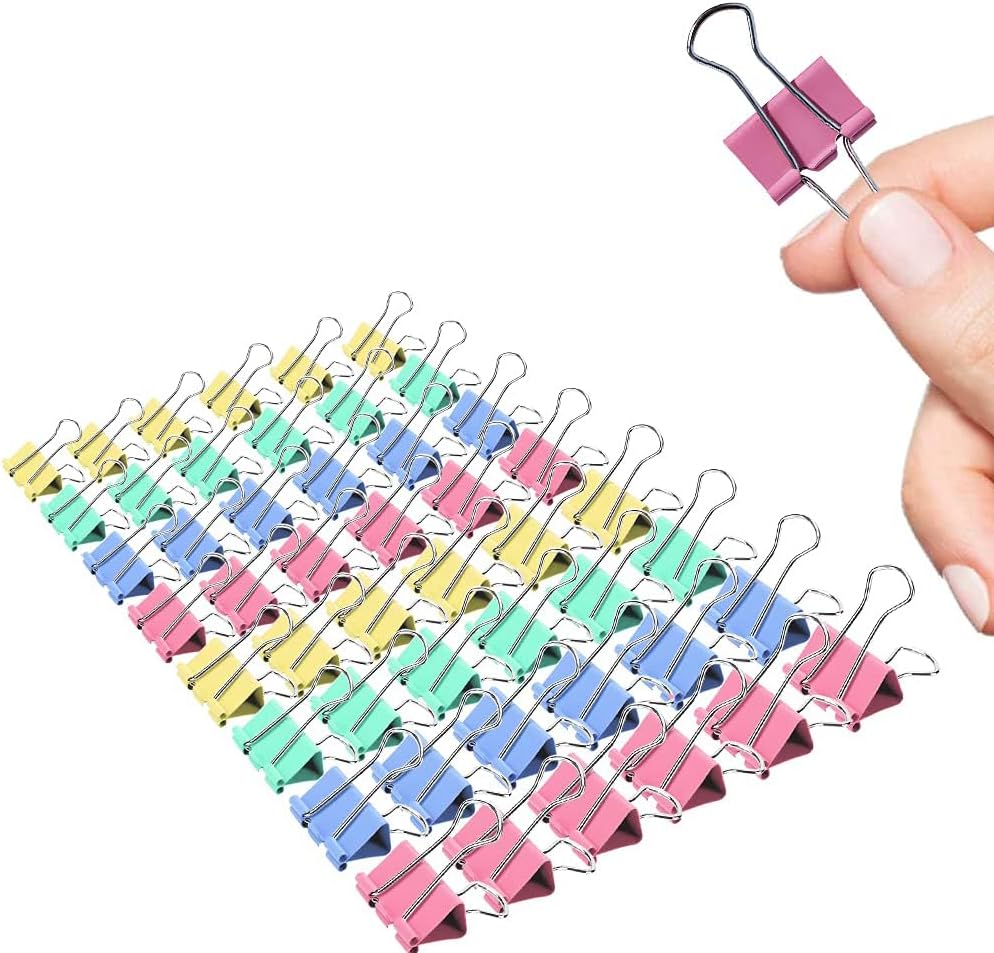 Small Binder Clips, 80 Pack, 3/4 Inch, 0.75 Inch, Standard 19mm, Mulitcolor, Metal Paper Clips, Fold Clamp, Office Clips, with Plastic Container
