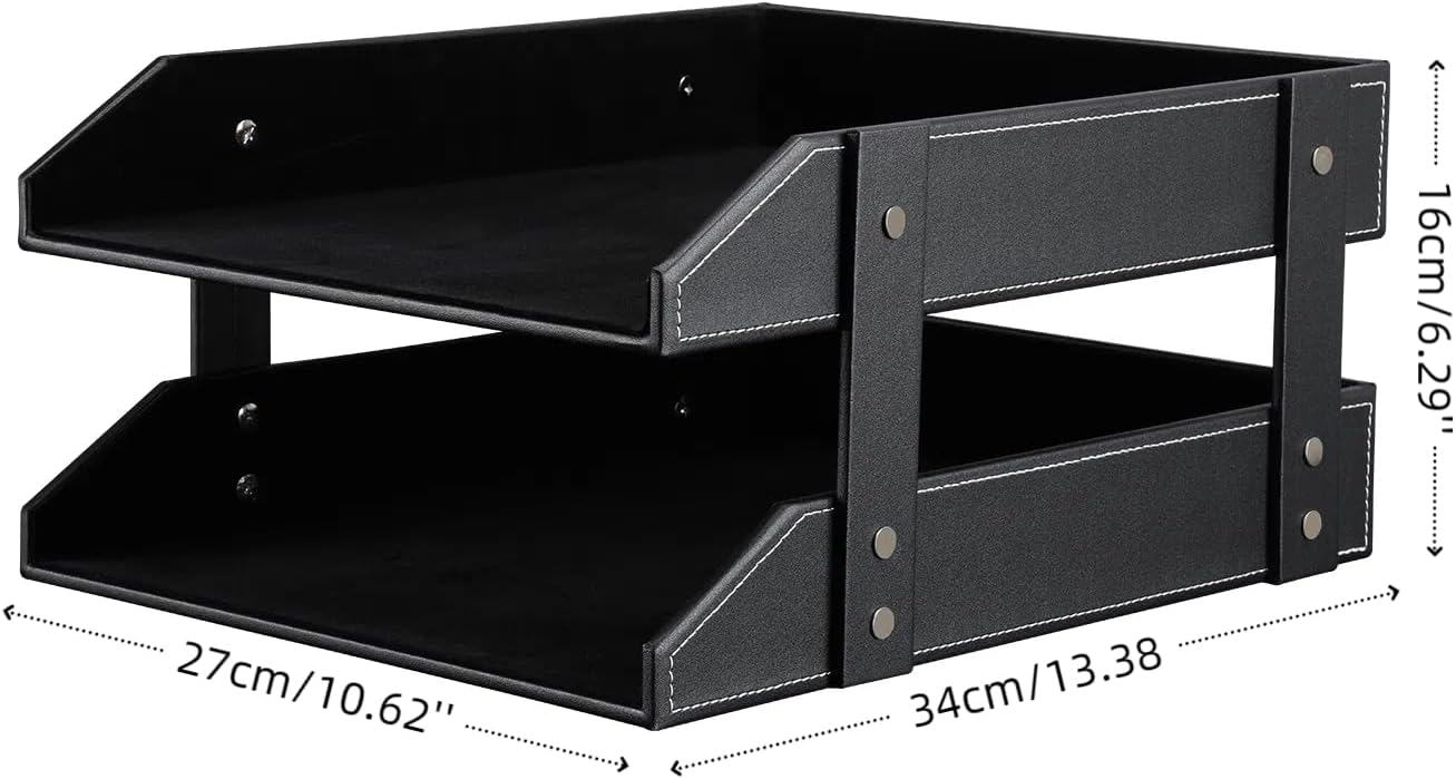 KINGFOM Letter Tray, Leather Paper Organizer Tray, Wooden Desk File Holder, Desktop File, Stackable Magazine Holder, Mail Sorter, Great for Home or Office - 2 Level Black