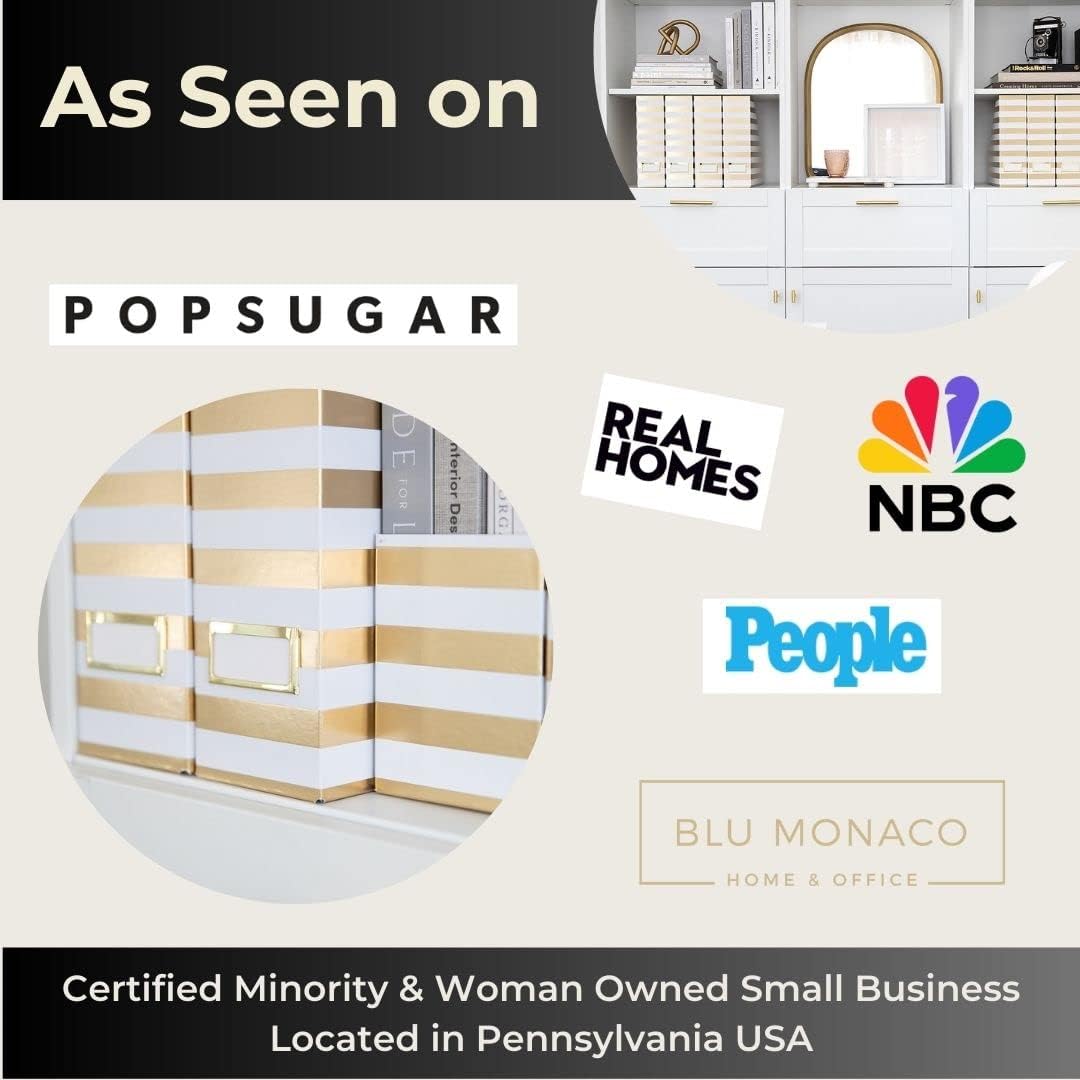 BLU MONACO Set of 4 Gold & White Striped Magazine File Boxes with Gold Label Holders – Stylish File Organizer Box for Desk, Office Supplies, File Folder Holder, and Book Organizer