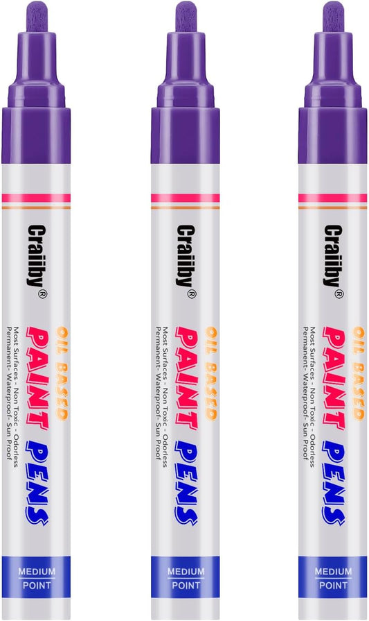 Purple Paint Markers, 3 Pack Oil-Based Waterproof Quick Dry Permanent Paint Pen Set for Rocks Painting, Wood, Fabric, Plastic, Canvas, Glass, Mugs, Metal, Tire, Stone, DIY Craft