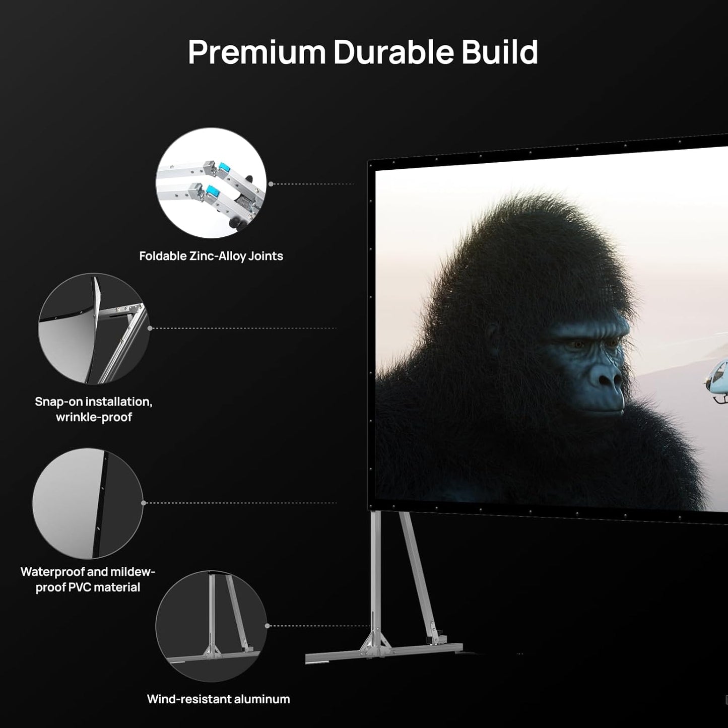 AWOL VISION Folding Outdoor Projector Screen with Stand (200 inches)，Outside Projection Screen 4K/8K UHD Support, Freestanding, Portable Alloy Frame, 16:9 HD, Lightweight for Camping, Backyard