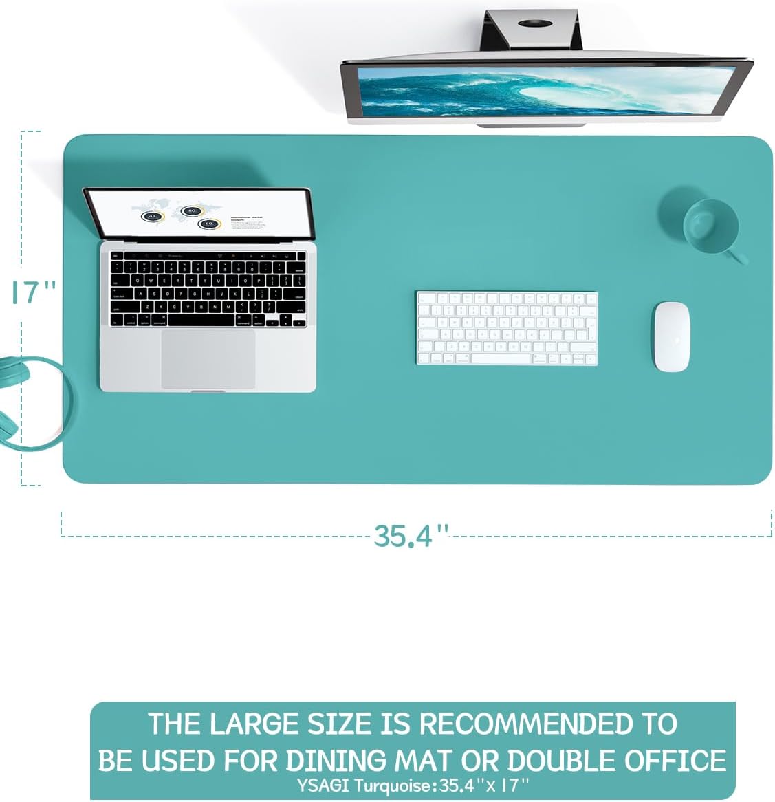 YSAGi Non-Slip Leather Desk Pad L Size, Waterproof Laptop Computer Desk Keyboard Mat, Table Protector Blotter Mat, Large Mouse Pad for Office/Work/Home/Decor(Green Blue, 35.4" x 17")