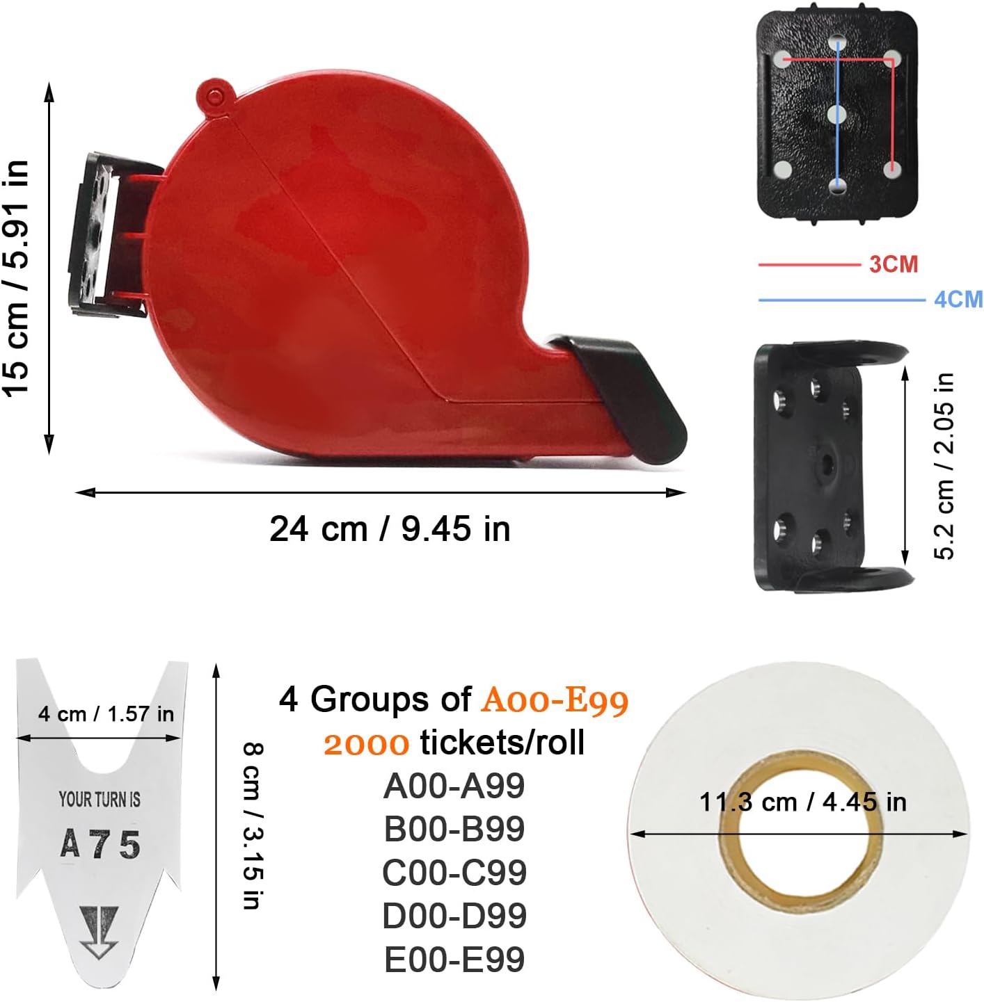 Ticket Dispenser Take A Number System with 1 Roll 2 Digit Paper 4 Groups Number (A01-E99, red)