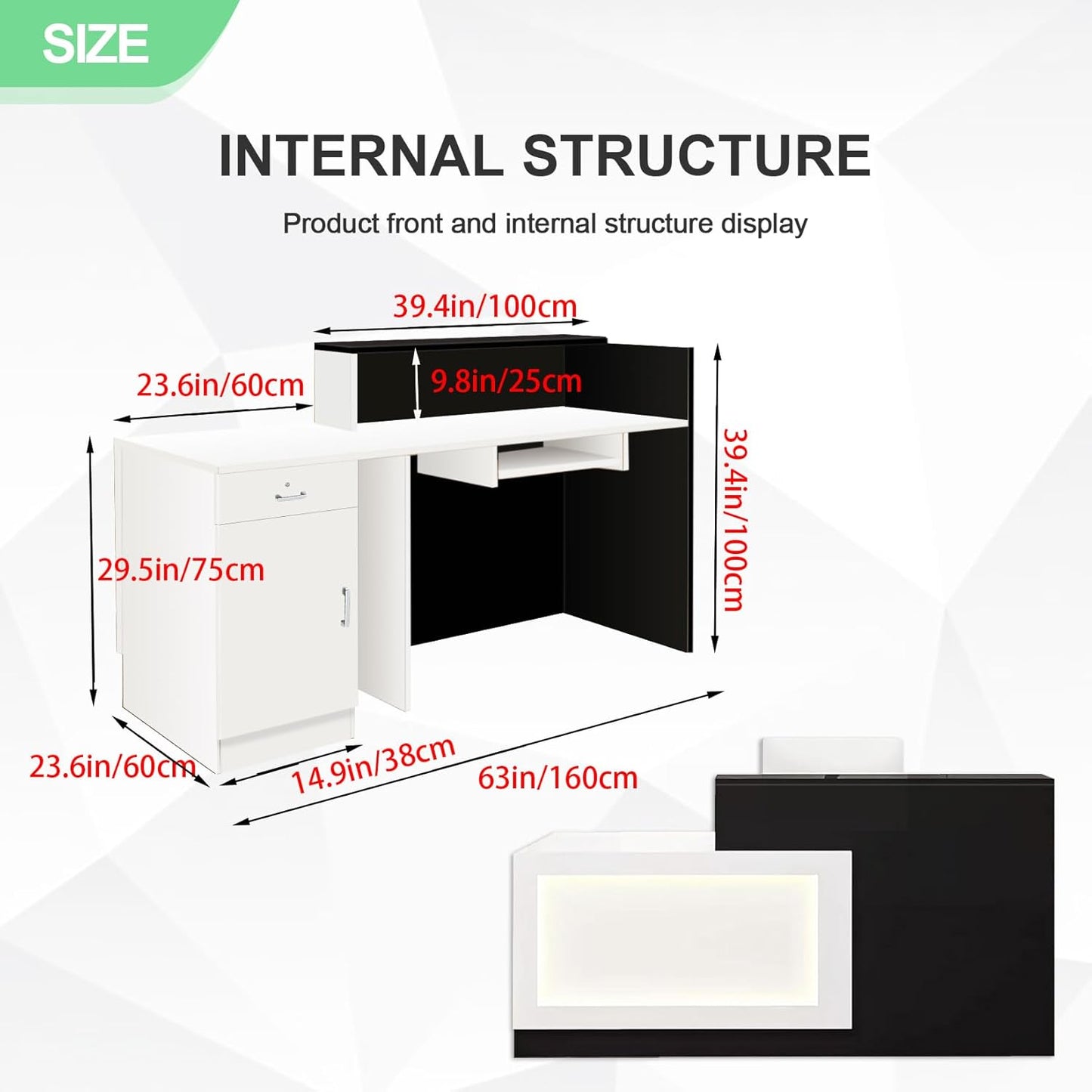 Modern Reception Desk with Counter and Drawer Office Front Desk with Cabinet Wooden Commercial Reception Table Checkout Counter for Retail Salon Lobby Black and White Left 63inch/160cm