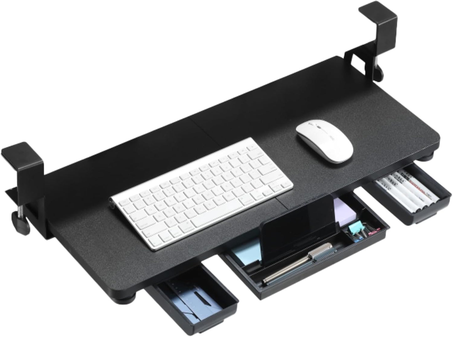 Keyboard Tray Under Desk with Drawer,26.77" X 11.81" Keyboard Tray Large Size with C Clamp-on Mount, Easy to Install, Save Space for Office Desk (Black)