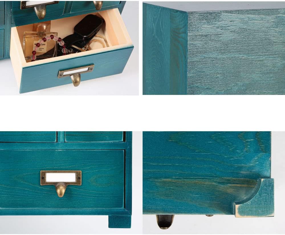 Apothecary Cabinet with 9 Drawers & Labels Rustic Library Card Catalog Cabinet Desktop Wooden Storage Box for Organize Herbal、Tea Bag、Jewelry (Blue)
