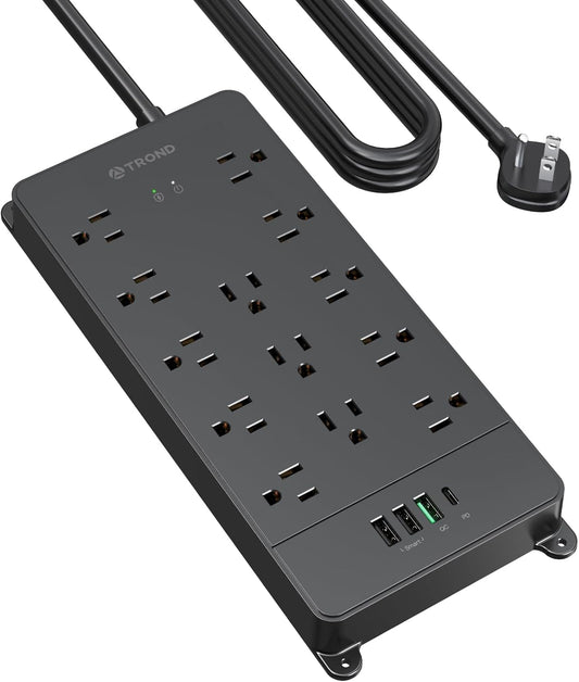 TROND Surge Protector Power Strip, 10ft Heavy Duty Extension Cord with 32W USB C & QC 3.0 Charger, 4000J, ETL Listed, 13 Wide Spaced Outlets, Flat Plug, Wall Mount for Home Office Supplies, Black