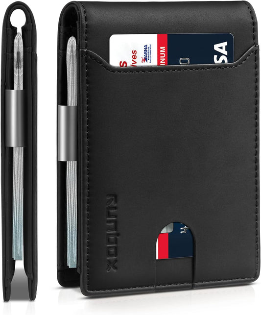 RUNBOX Slim Wallets for Men - Leather Money Clip Mens Wallet - RFID Blocking Front Pocket Bifold Wallet - Thin Credit Card Holder with Gift Box