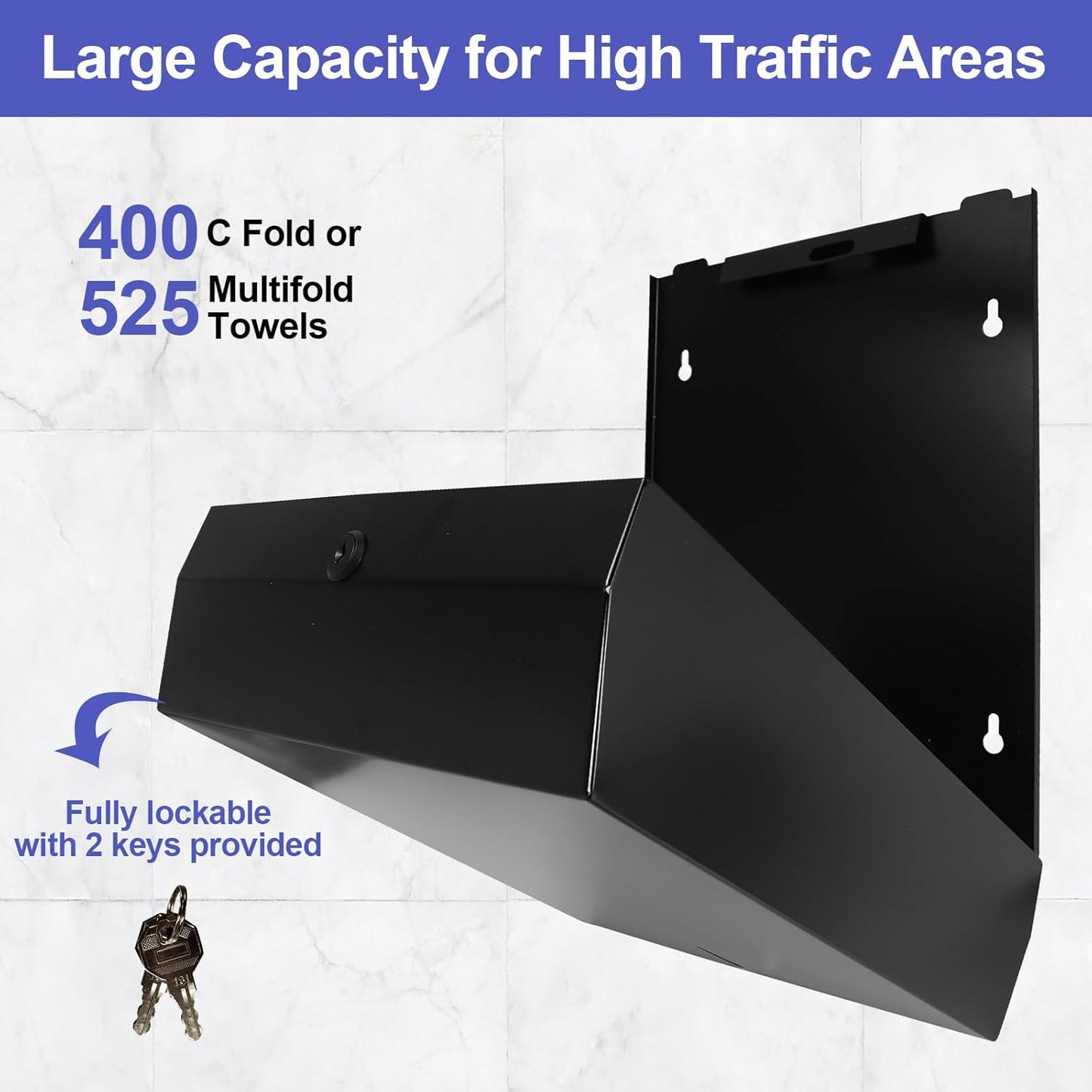 Paper Towel Dispenser Wall Mount, Matte Black Stainless Steel Commercial Paper Towel Holder with Lock, Large Capacity 400 C Fold/525 Multifold Towels