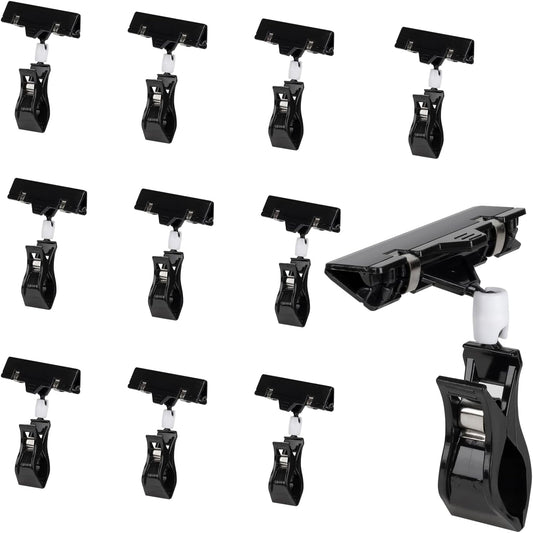 Mini Black Sign Holder Clips for Display, 10 Pcs Plastic Sign Holder Clips for Retail, Swivel Price Signs Clip, Rotatable Price Shelf Clips for Store Clothing Rack Merchandise Shelf Basket