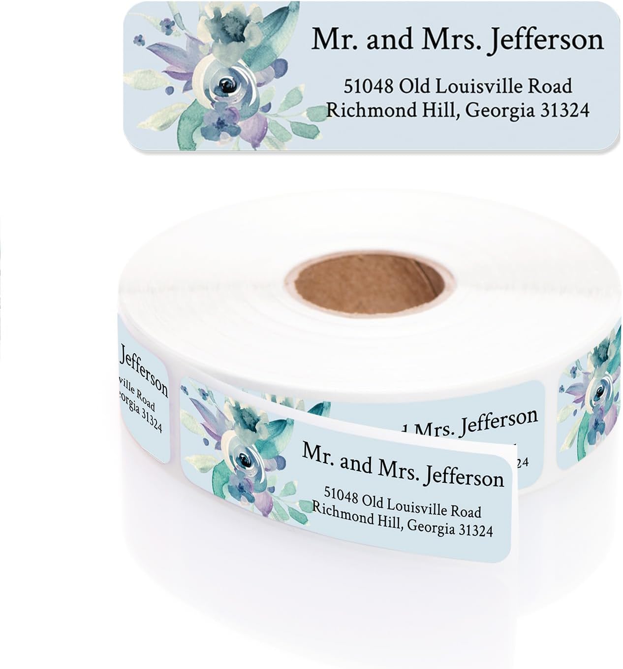 Blue Watercolor Floral Rolled Address Labels / 250 Personalized Return Address Labels/Designer Address Stickers in Elegant Plastic Dispenser