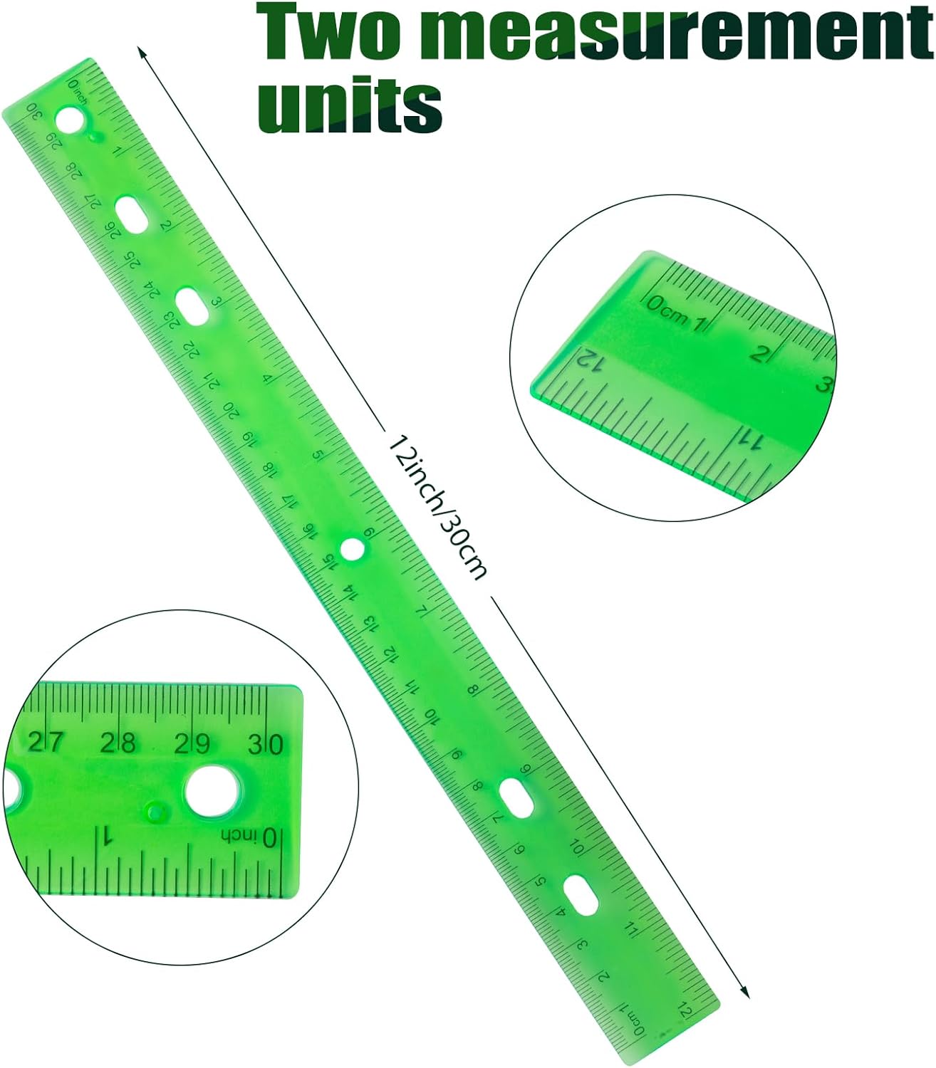 28 Pack Plastic Ruler 12 Inch Transparent Rulers - Metric Bulk for Kids School Office Classroom, Green