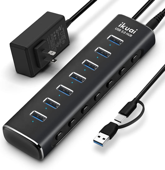 Powered USB 3.0 /USB C Hub, ikuai Aluminium 7-Port USB Hub Splitter with AC Adapter LED Individual On/Off Switches and 3.3ft Extended Long Cable for Laptop, Mac, PC, Flash Drive, Mobile HDD