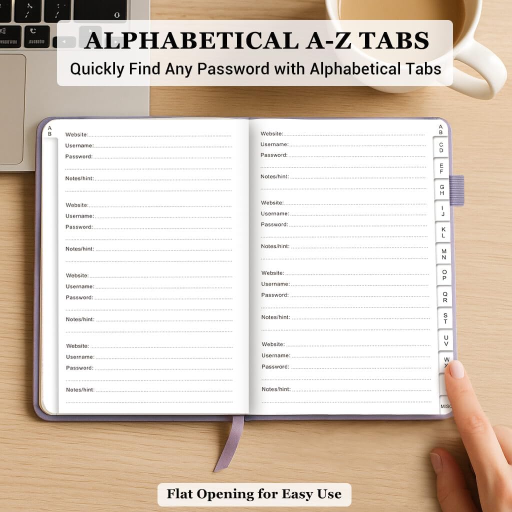 Password Book with Alphabetical Tabs – Hardcover Internet Address & Password Organizer – Password Keeper Notebook for Computer & Website – 5.2 x 7.6" (Lavender)