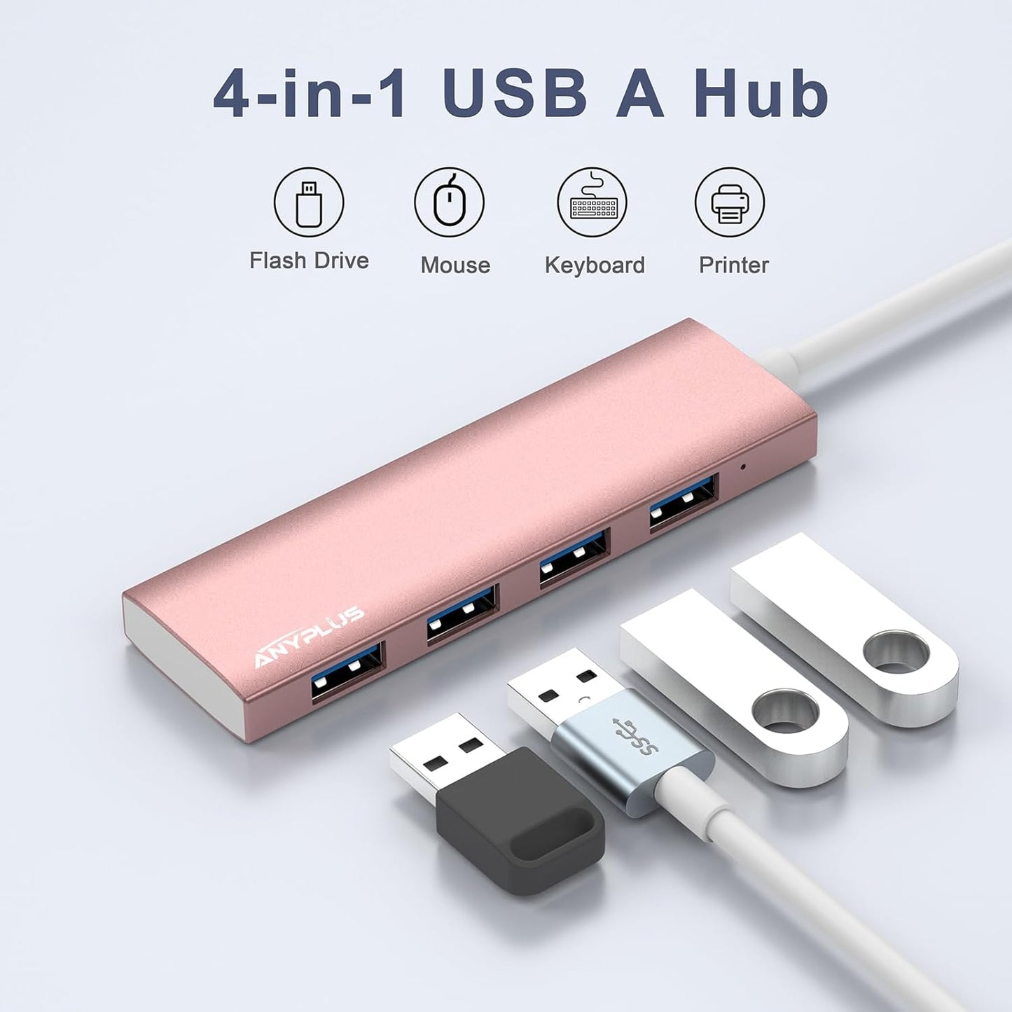 USB Hub, USB 3.0 Hub Aluminum Alloy Ultra Slim USB Splitter, Portable 4 Port USB Extender, USB Hub for Laptop, PC, MacBook, iMac, Surface Pro, Mac Pro, Flash Drive, XPS 【Pink】