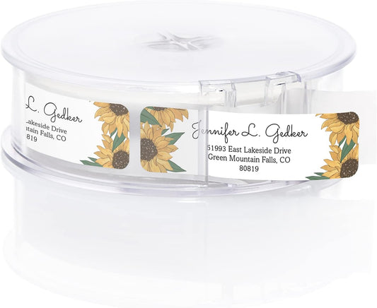 Illustrated Sunflower Rolled Address Labels/Roll of 250 Floral Garden Personalized Address Labels/Designer Return Address Stickers in Elegant Plastic Dispenser