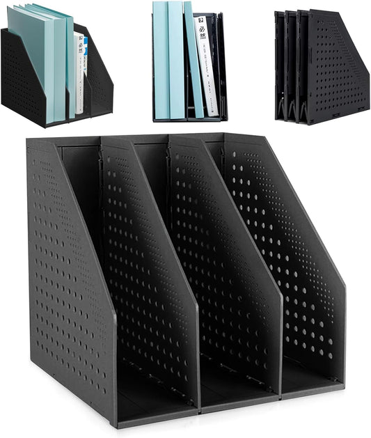 SAYEEC 1Pcs Collapsible Plastic Magazine File Holder Vertical Binder Storage Organizer for Desk Sturdy Upright Desktop Magazine Organizer Folder Rack for Office School Home (3 Compartments, Black)