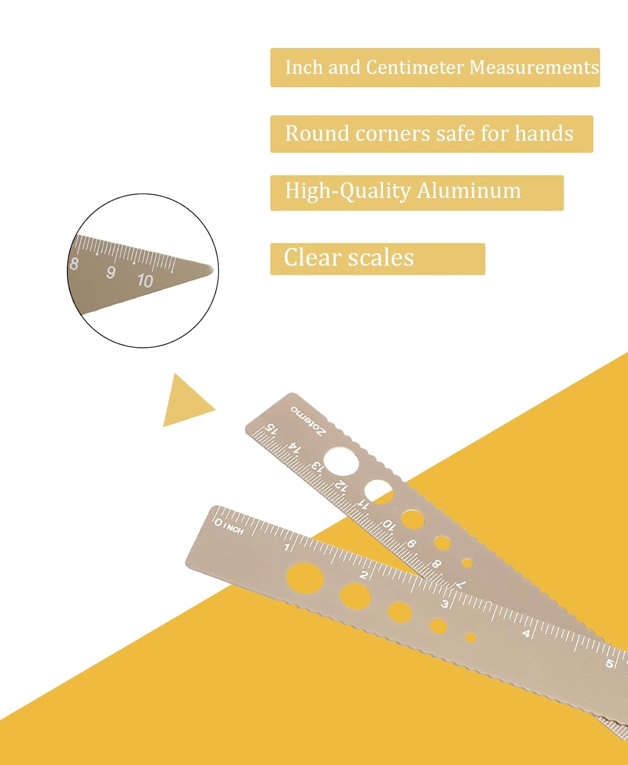 Metal Geometry Set, 5-Piece Aluminum Ruler, Math Drafting Ruler Kit Includes Protractor, Triangle Rulers, Straight Rulers-Math Measurement Tools for School and Office Supplies (Gold)
