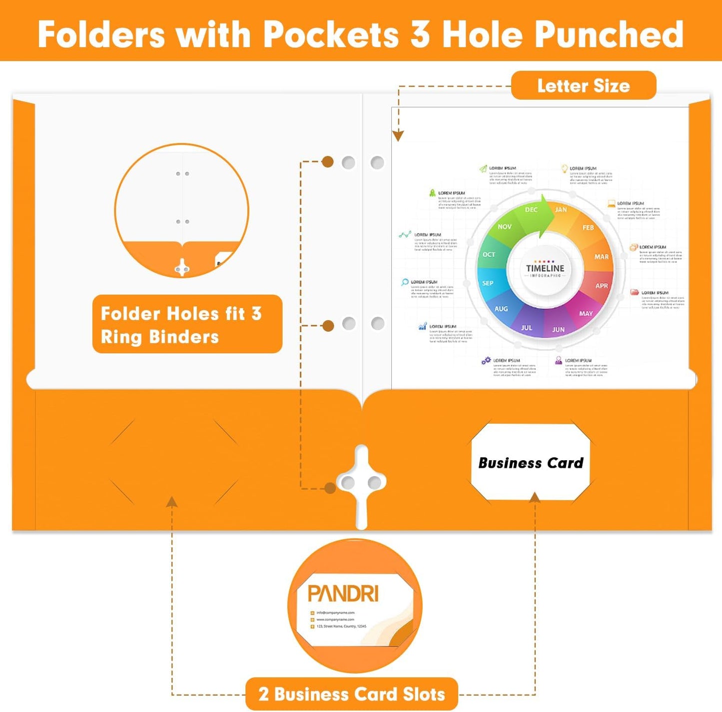 Two Pocket Portfolio Folders, PANDRI 60 Pack 3 Hole Punched 2 Pocket Folders for 3 Ring Binder, Letter Size Paper File Folder for School Office Home Business, Orange
