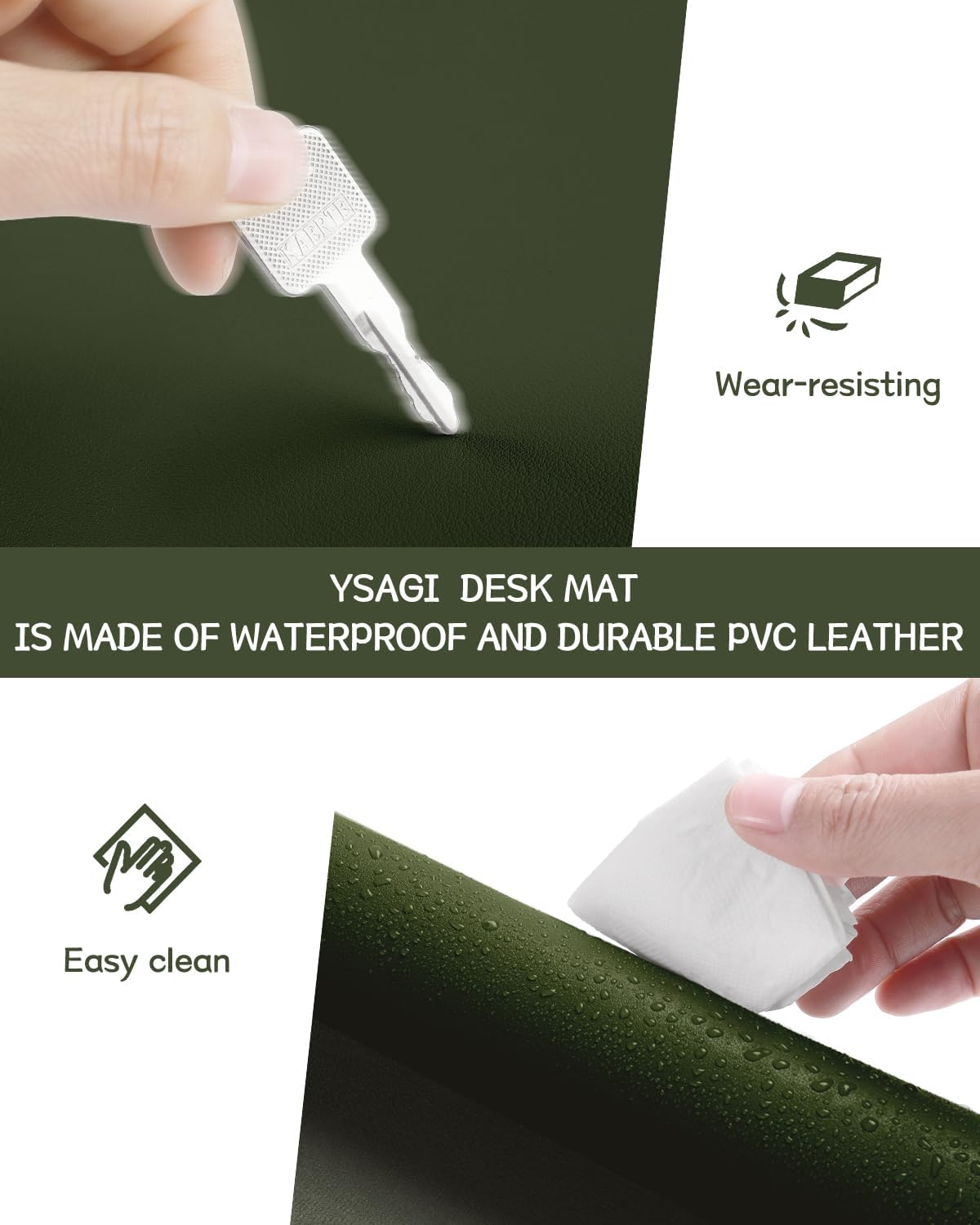 YSAGi Non-Slip Leather Desk Pad, Waterproof Laptop Computer Desk Keyboard Mat, Table Protector Blotter Mat, Large Mouse Pad for Office/Work/Home/Decor(Olive Green, 31.5" x 15.7")