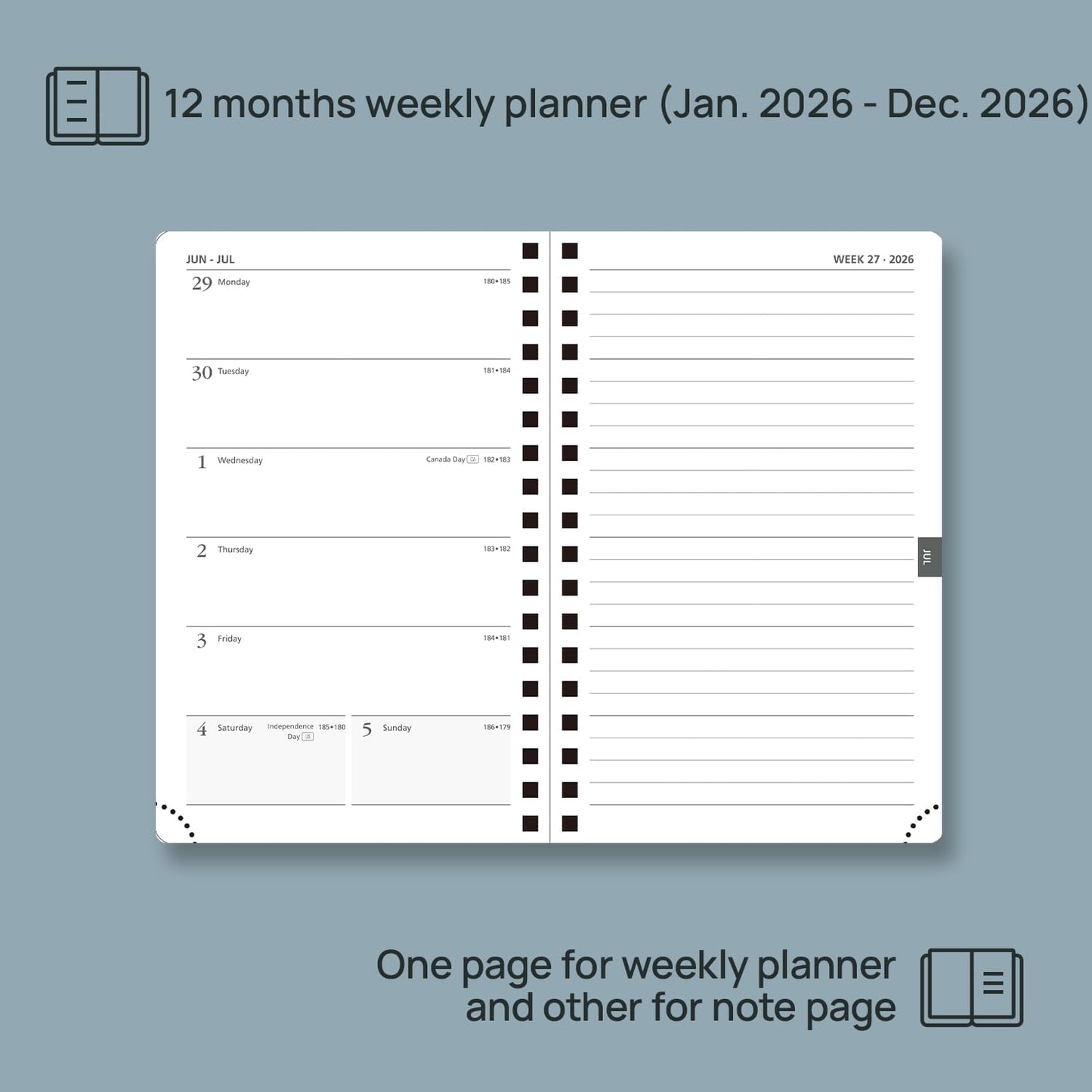POPRUN 2026 Planner Weekly Notebook (Jan-Dec), Small Size 4''x 6.25'' - 2026 Pocket Calendar for Purse with Spiral Soft Cover, Plastic Ruler, Inner Pocket, 100 GSM - Cerulean Blue
