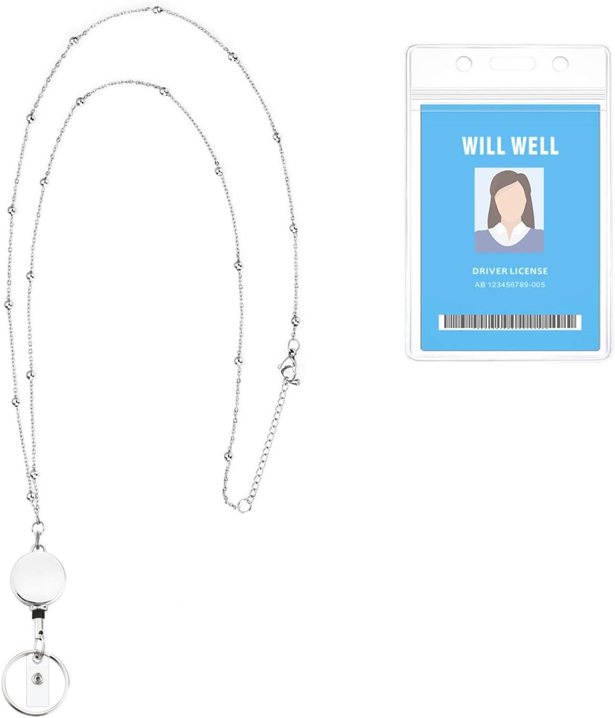 Will Well Retractable Beaded Badge Reel Lanyard with Keyring for Women - Vertical Plastic 3.58" x 2.52" Sleeves Fit Up to 3 Cards - Stainless Steel Necklace with Pull Cord - 1-Pack, Clear Case