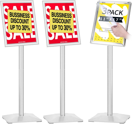 3Packs Heavy Duty Adjustable Pedestal Poster Sign Stand, 11x17 Aluminum Open Floor Standing Sign Holder for Vertical and Horizontal View Display, Silver