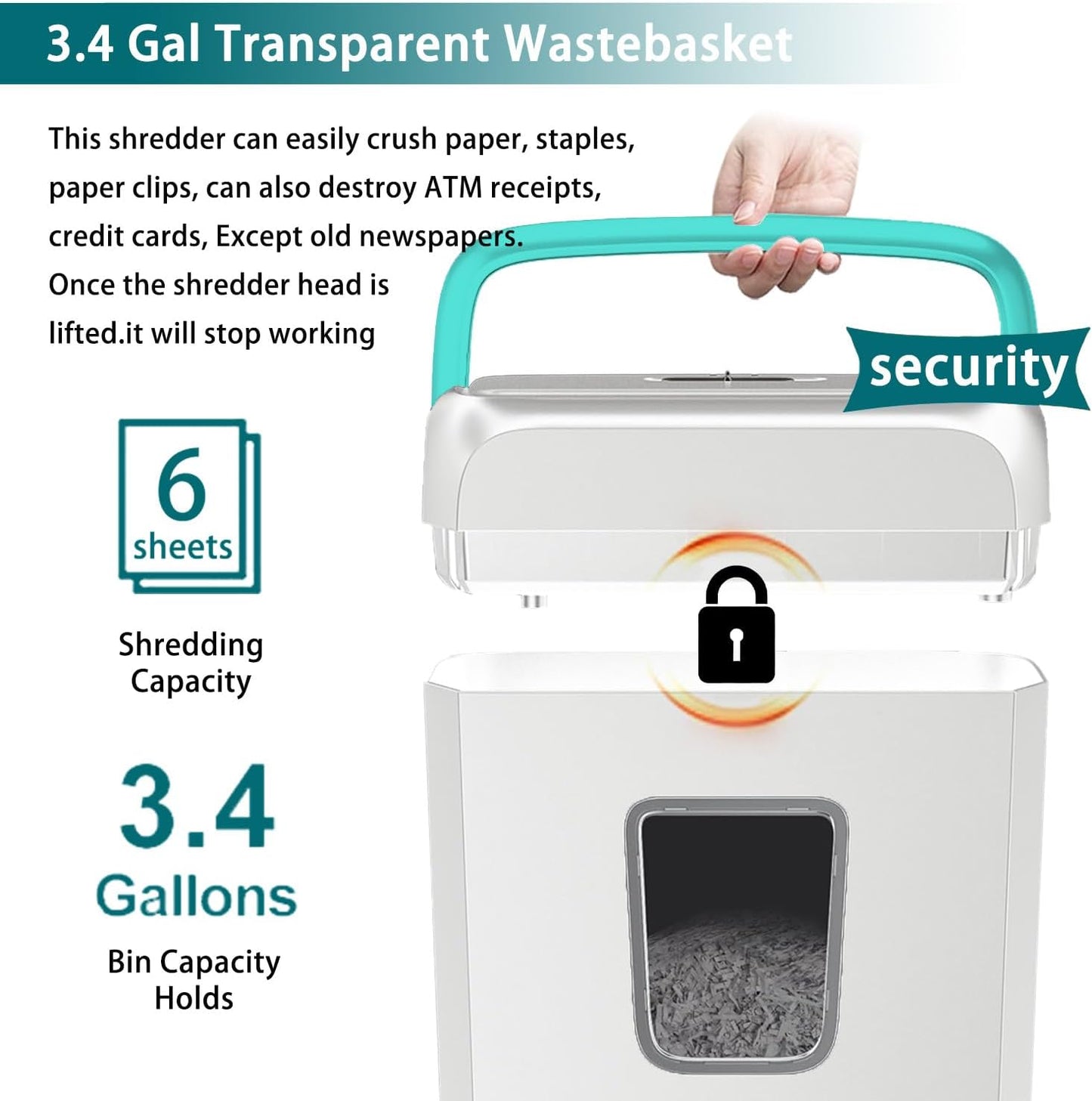 Bonsaii Secure Shredder, Home Office Shredder, high Security, 6-Sheet, Cross-Cut shredding for documents, Mail, Staples, Credit Cards, Equipped Convenient Handle, 3.4-Gallon Wastebasket, White & Blue
