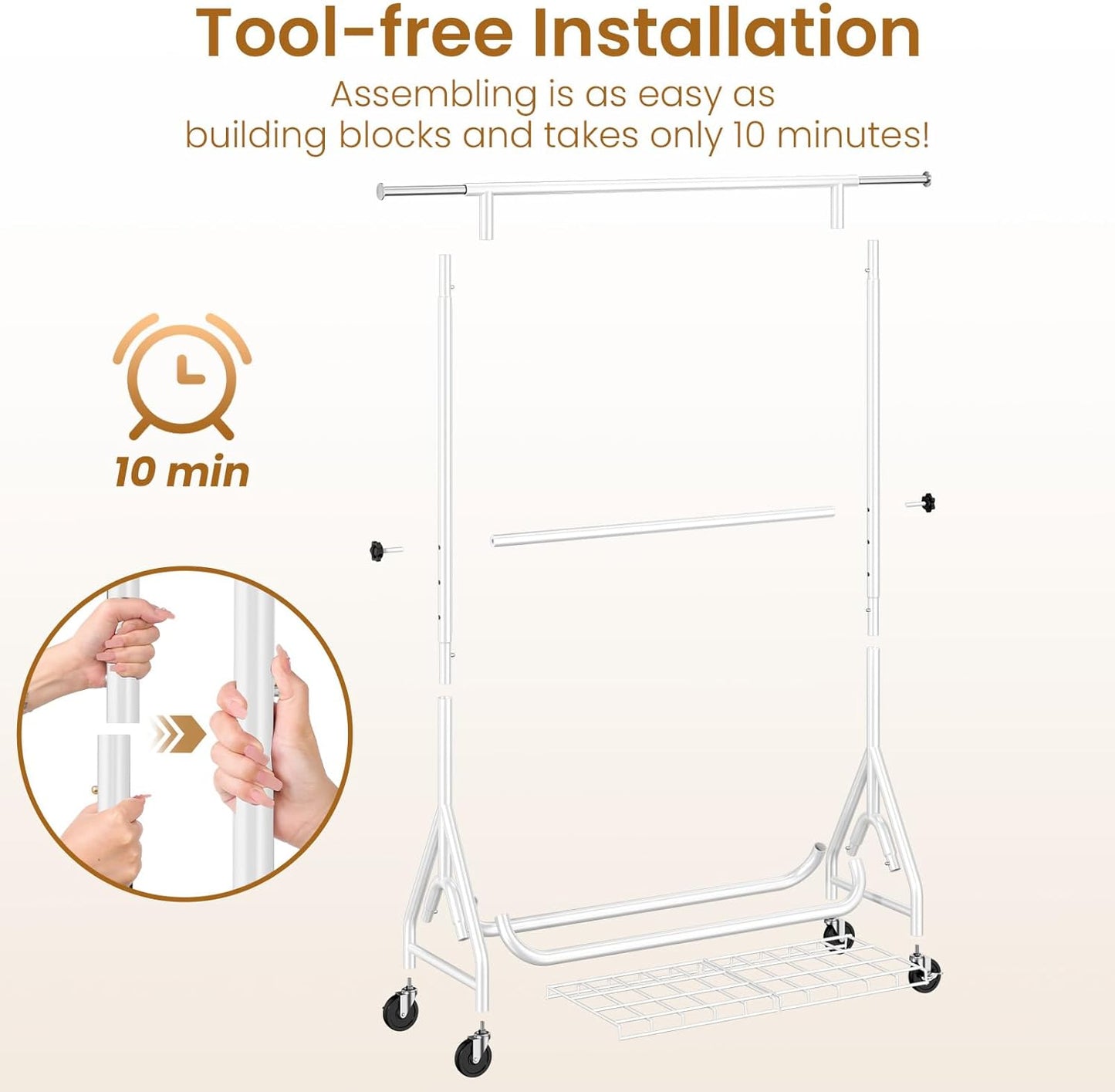 Double Rods Clothing Rack, Heavy Duty Clothes Rack for Hanging Clothes Load 560LBS, Metal Rolling Garment Racks with Wheels, Freestanding Clothes Hanging Racks, White