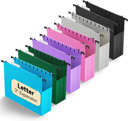 Plastic Hanging File Folder Extra Capacity,Letter Size,Upgraded 2"Expansion Accordian Pocket,12 Pack Expandable Hanging Folders,Adjustable Tabs,No Assembly,Heavy Duty for Filing Cabinet,Colored