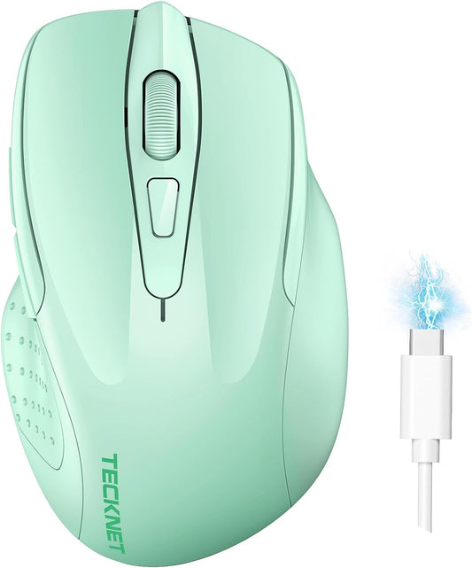 TECKNET Wireless Mouse (BT5.0/3.0 & 2.4G) Rechargeable 4800 DPI Silent USB A & Bluetooth Mouse 6 Buttons, Wide Compatibility - Green