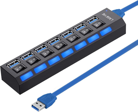 USB 3.0 Hub, 7 Ports USB Splitter USB A Port Data Hub with Independent On/Off Switch and LED Indicators, Lights for Laptop, PC, Computer, Mobile HDD, Flash Drive and More