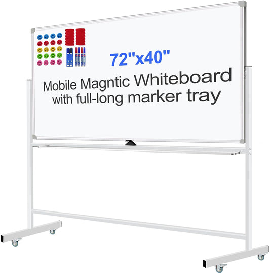 Mobile Magnet Large Whiteboard with Stand 72x40 Double-Sided Dry Erase Board with Stand - Magnetic Portable Standing Whiteboard - Rolling White Boards with Easy Flip Feature