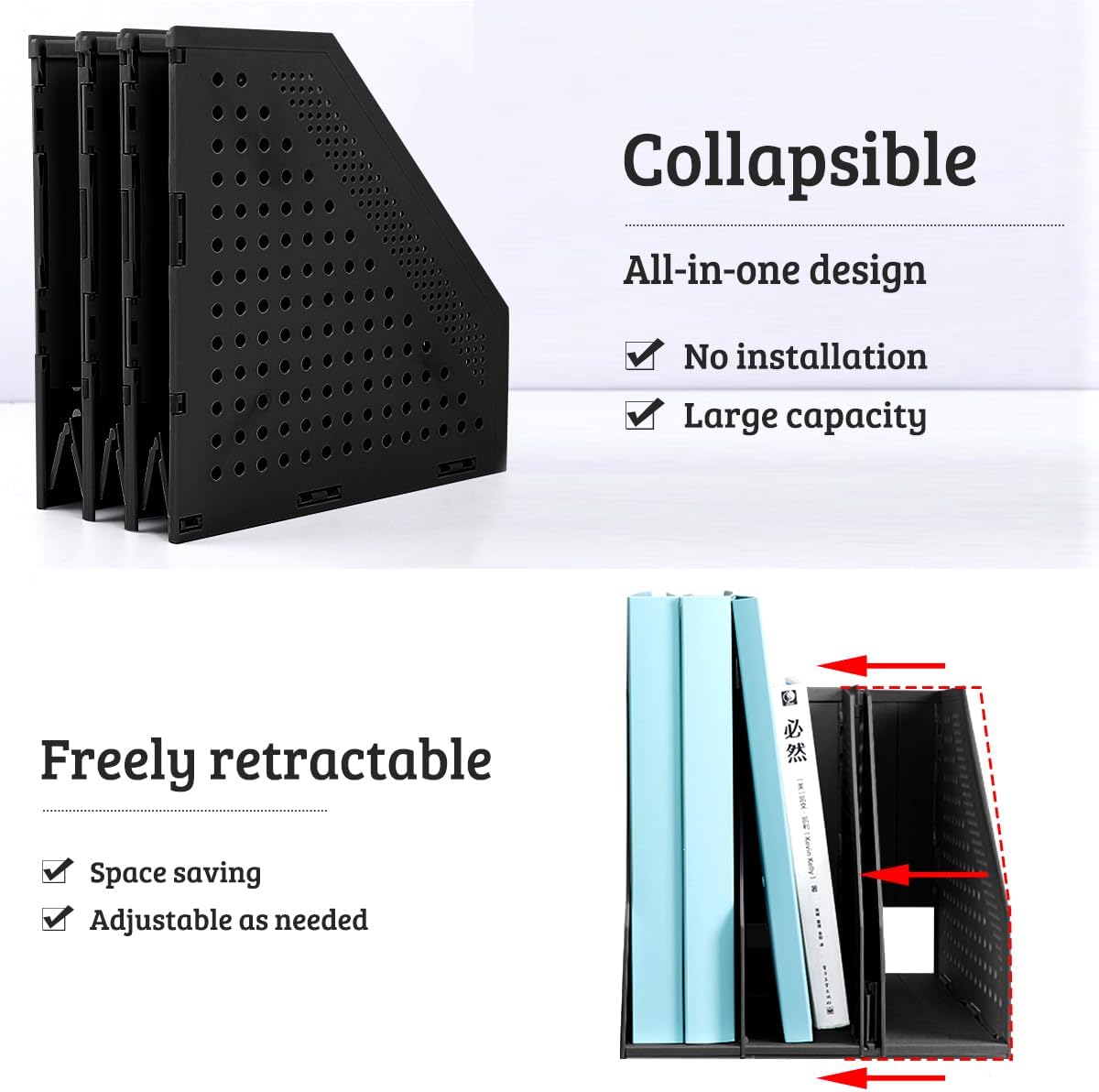 SAYEEC 2Pcs Collapsible Plastic Magazine File Holder Vertical Binder Storage Organizer for Desk Sturdy Upright Desktop Magazine Organizer Folder Rack for Office School Home (3 Compartments, Black)