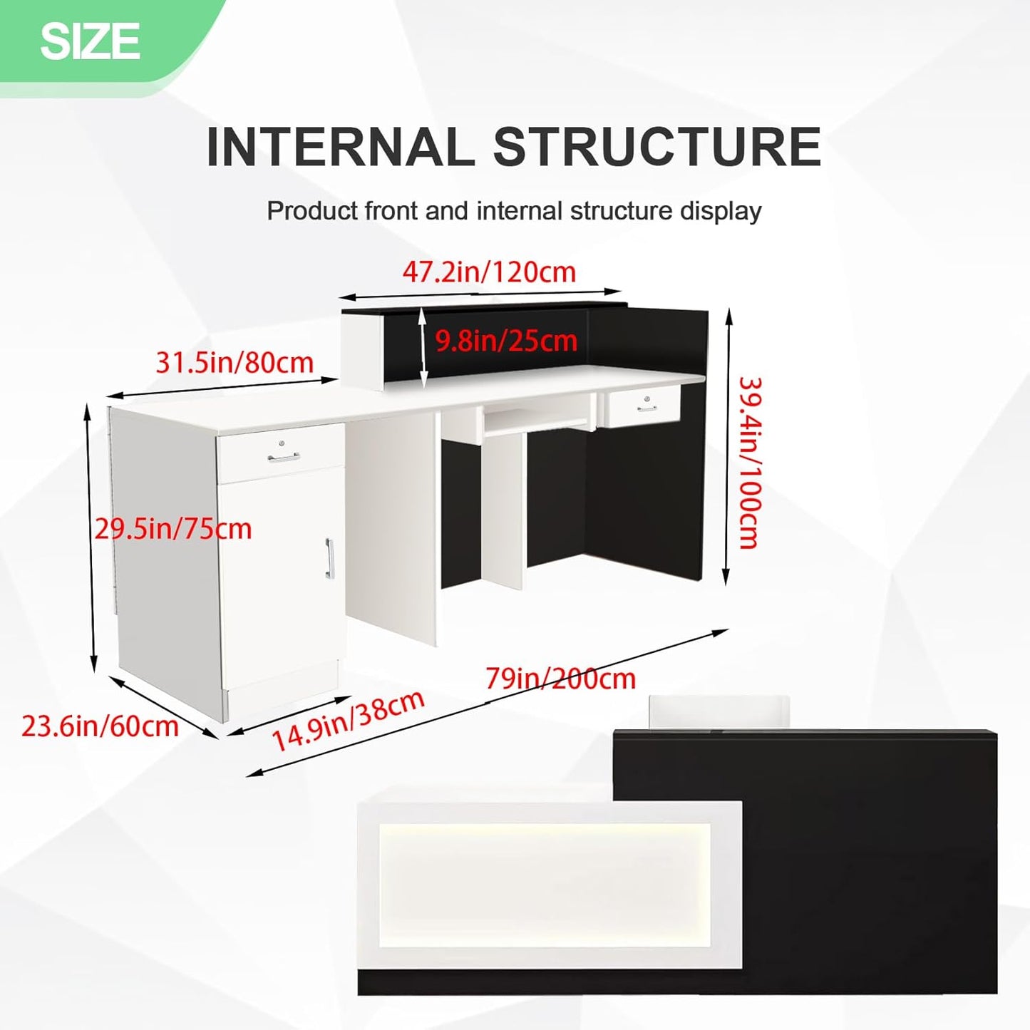 Modern Reception Desk with Counter and Drawer Office Front Desk with Cabinet Wooden Commercial Reception Table Checkout Counter for Retail Salon Lobby Black and White Left 79inch/200cm