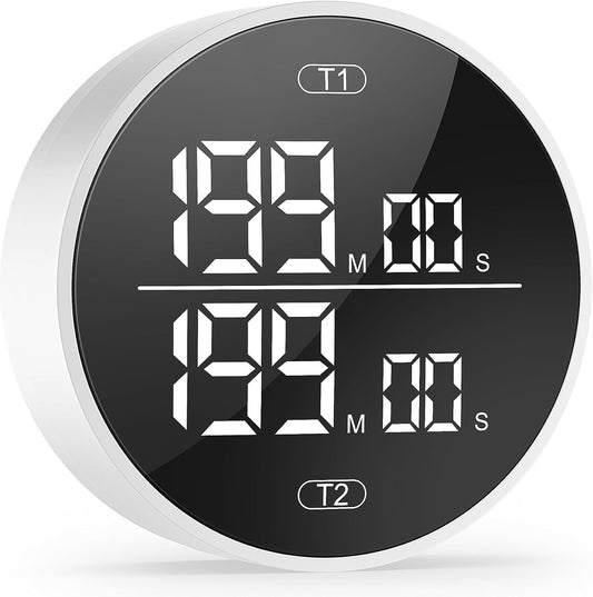 Dual Digital Kitchen Timer for Cooking, 199 Minutes Countdown & Stopwatch, Productivity Timer for Fridge, Big Digits, High-Definition Display, Rotary Adjustment, 3 Volumes, 2 Brightness Levels, White