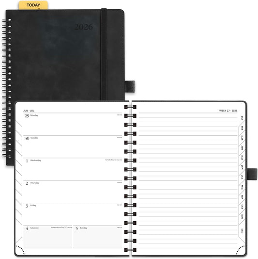 POPRUN 2026 Planner Weekly Notebook (Jan-Dec), Medium 8.5''x 6.5'' - Agenda 2026 Calendar Book with Monthly Tabs, Inner Pocket, Spiral Soft Cover, 100 GSM - Black
