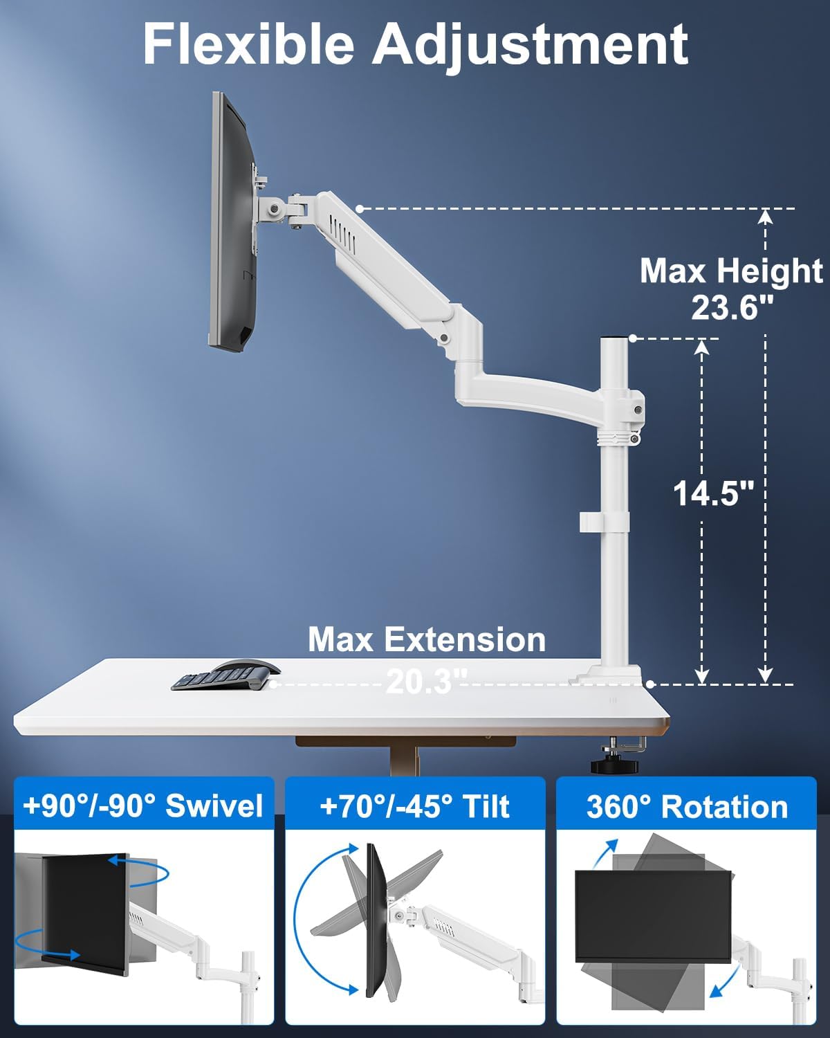 Single Monitor Mount Holds Max 22lbs, 13-32 inch Monitor Desk Mount, Height Adjustable Tall Monitors Arm, Monitors Stand with Tilt Swivel Rotation, VESA 75 100mm, White, Freelift
