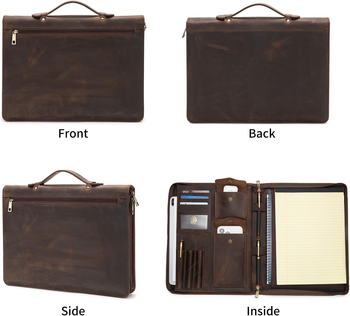 Personalized Genuine Leather Portfolio with Hidden Handle, Zippered Front Pocket, 8.5 x 11 Notebook Holder, Custom Engraved Business Legal Padfolio Travel Folio for Men Women, Dark Khaki