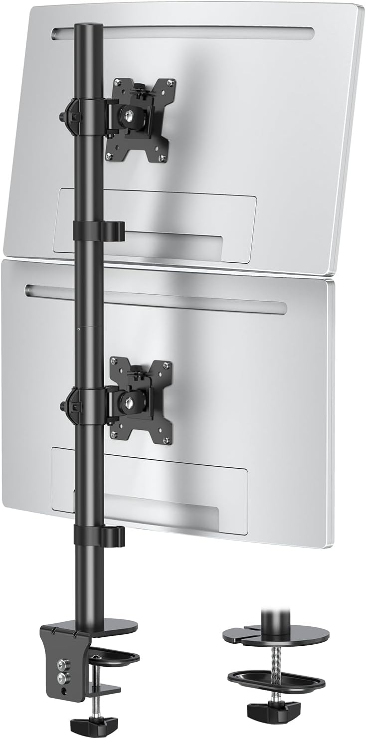 MOUNTUP Dual Monitor Stand, Vertical Monitor Mount for 2 Max 32 inch Stack Screen Monitors, Height Adjustable, Swivel, Tilt Monitor Desk Mount with C Clamp Grommet Base, MU3004