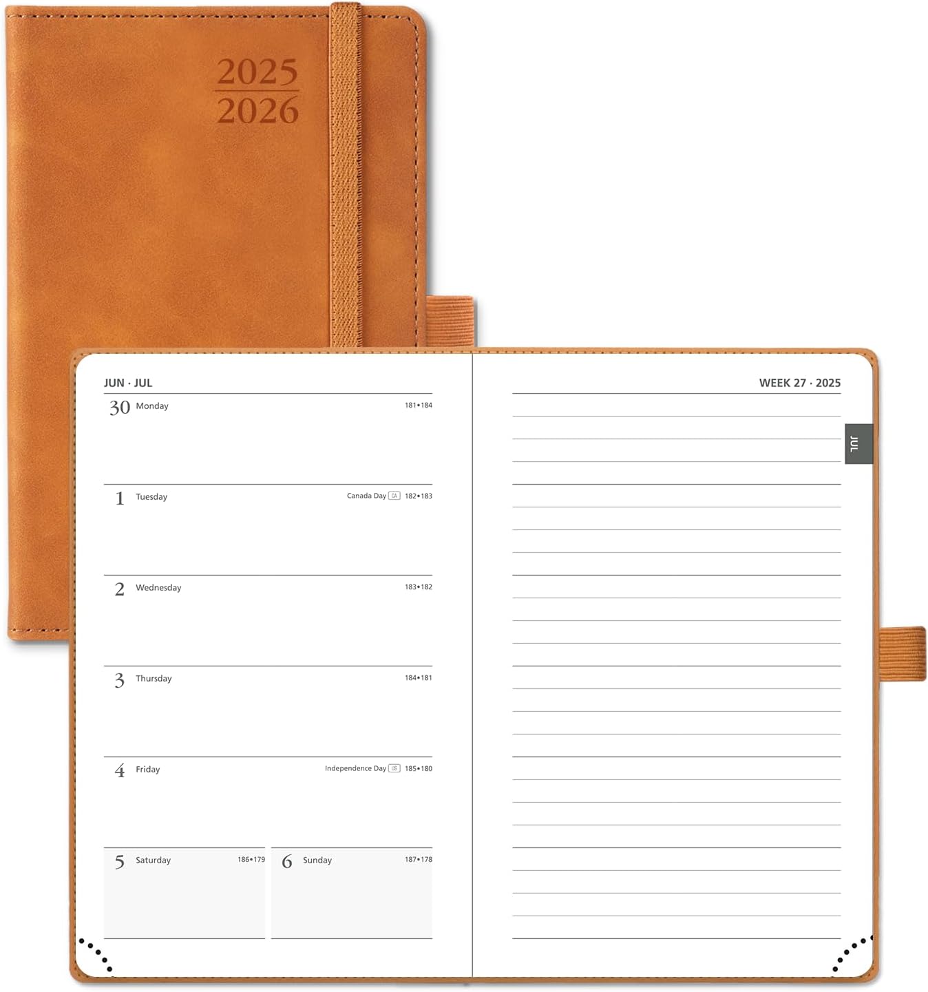 POPRUN Planner 2025-2026 Weekly Notebook for Purse(Pocket Size 4''x 6.25'') Small Academic Calendar (JUL.25 - JUN.26) with Monthly Tabs, Leather Soft Cover, Inner Pocket, 100 GSM - Brown